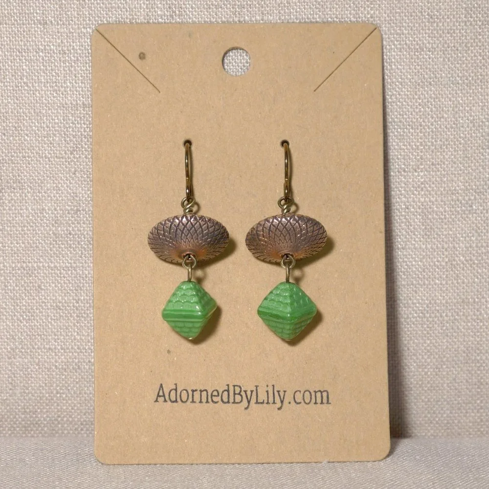 Hand Crafted Handmade Earrings Green Czech Glass Geometric Long Earrings - Picture 3 of 4